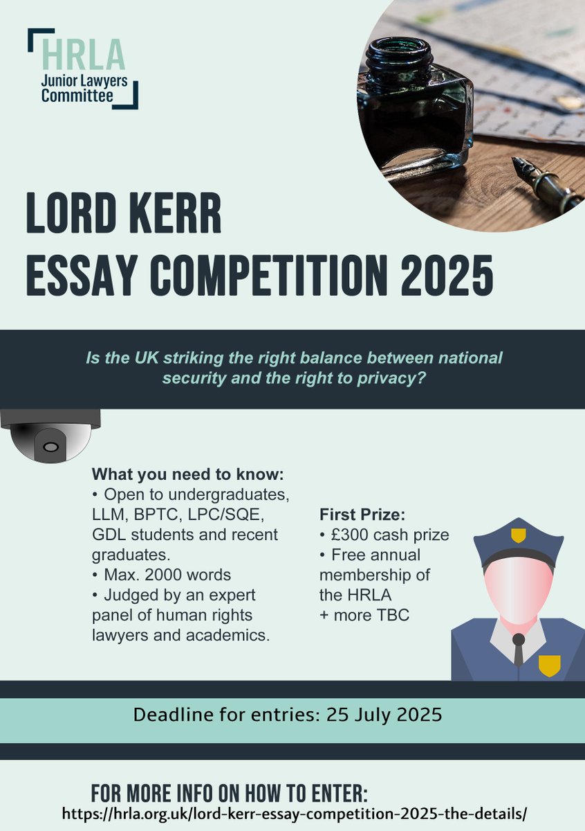 The Lord Kerr Essay Competition 2025 is OPEN for entries until 25 July 2025, with prizes including £300 and more!   The question is: "Is the UK striking the right balance between national security and the right to privacy?"  For more info, rules and entry:
hrla.org.uk/lord-kerr-essa…