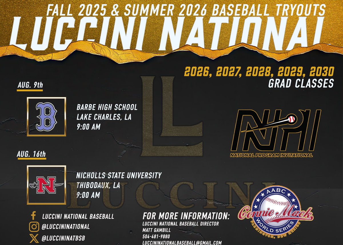 LucciniNatBSB's tweet image. 🚨Luccini National Baseball Tryouts🚨
Luccini National Baseball is excited to announce our FALL 2025 & SUMMER 2026 Tryouts!
We are looking for HIGHLY COMPETITIVE ball players in the following Grad Classes:
2026, 2027, 2028, 2029 & 2030!
Luccini National Baseball is a highly…