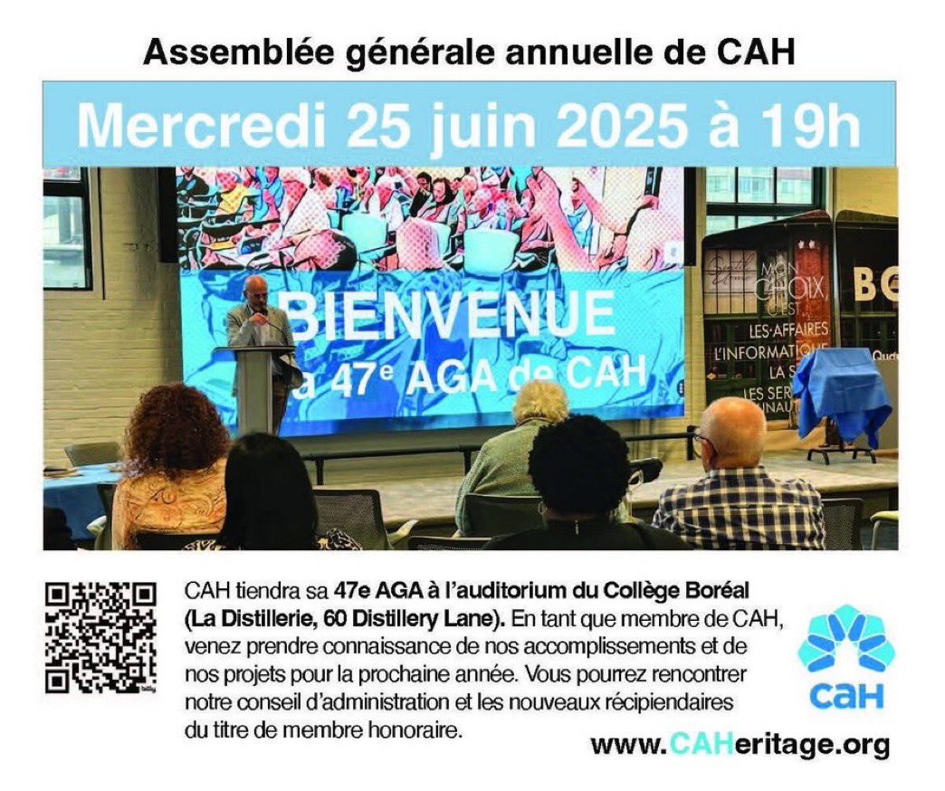 📣 C’est ce soir à 19h!
L’Assemblée générale de CAH, au coeur de la Distillerie, au Collège Boréal (60 Distillery Lane). Pour comprendre le travail de notre organisme entièrement dévoué aux aînés francophones de Toronto! 
.
#CAH #aînés #enfrançais