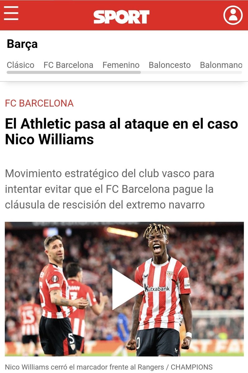 El <a href="/AthleticClub/">Athletic Club</a> no puede impedir que el <a href="/FCBarcelona_es/">FC Barcelona</a> pague la cláusula de rescisión de Nico Williams. (Ni en el supuesto de que el FC Barcelona no se encontrara la regla 1:1)

Por mucho que se repita una mentira no se va a convertir en verdad. (pese a quien le pese en la