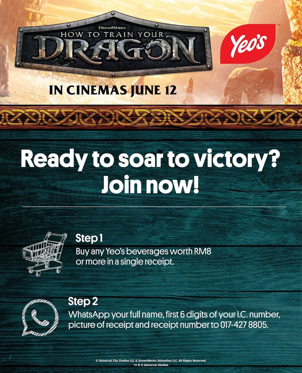 MattNoque's tweet image. 🔥DRAGON FANS, THIS IS YOUR CHANCE!🔥

Sip Yeo’s, join contest &amp;amp; WIN the adventure of a lifetime! 🐲💥

📅 15 May - 26 June 2025
👉 Just spend RM8 on Yeo’s &amp;amp; WhatsApp receipt to enter!

#HowToTrainYourDragon #yeosmy