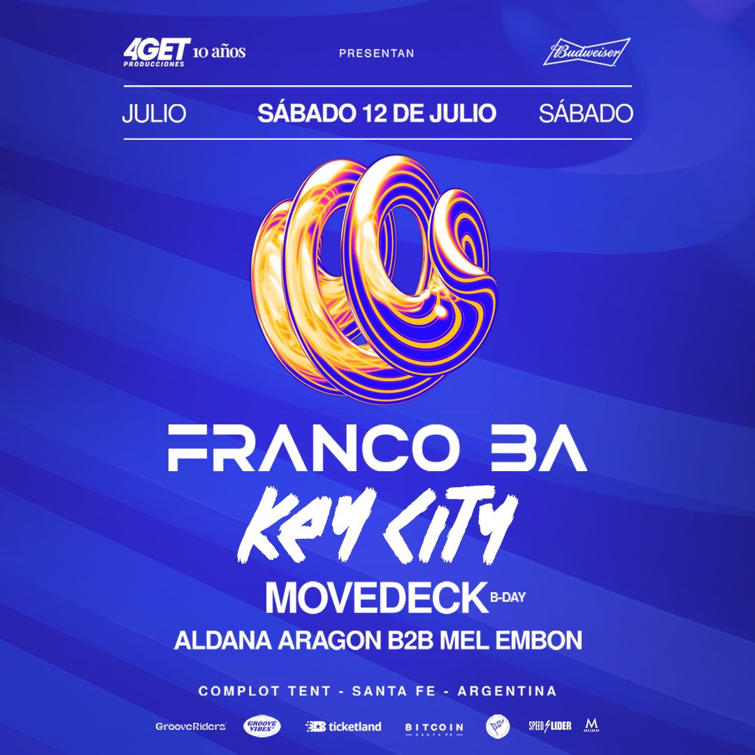 4GETProds's tweet photo. 4GET Producciones #10años
junto a @budweiser_ar presenta:

FRANCO BA 
KEY CITY 
Movedeck b-day 
Aldana Aragon b2b Mel Embon 

Sabado 12 de julio de 2025 | 22hs
Complot Tent - Santa Fe - Argentina https://t.co/170RJQWxTe