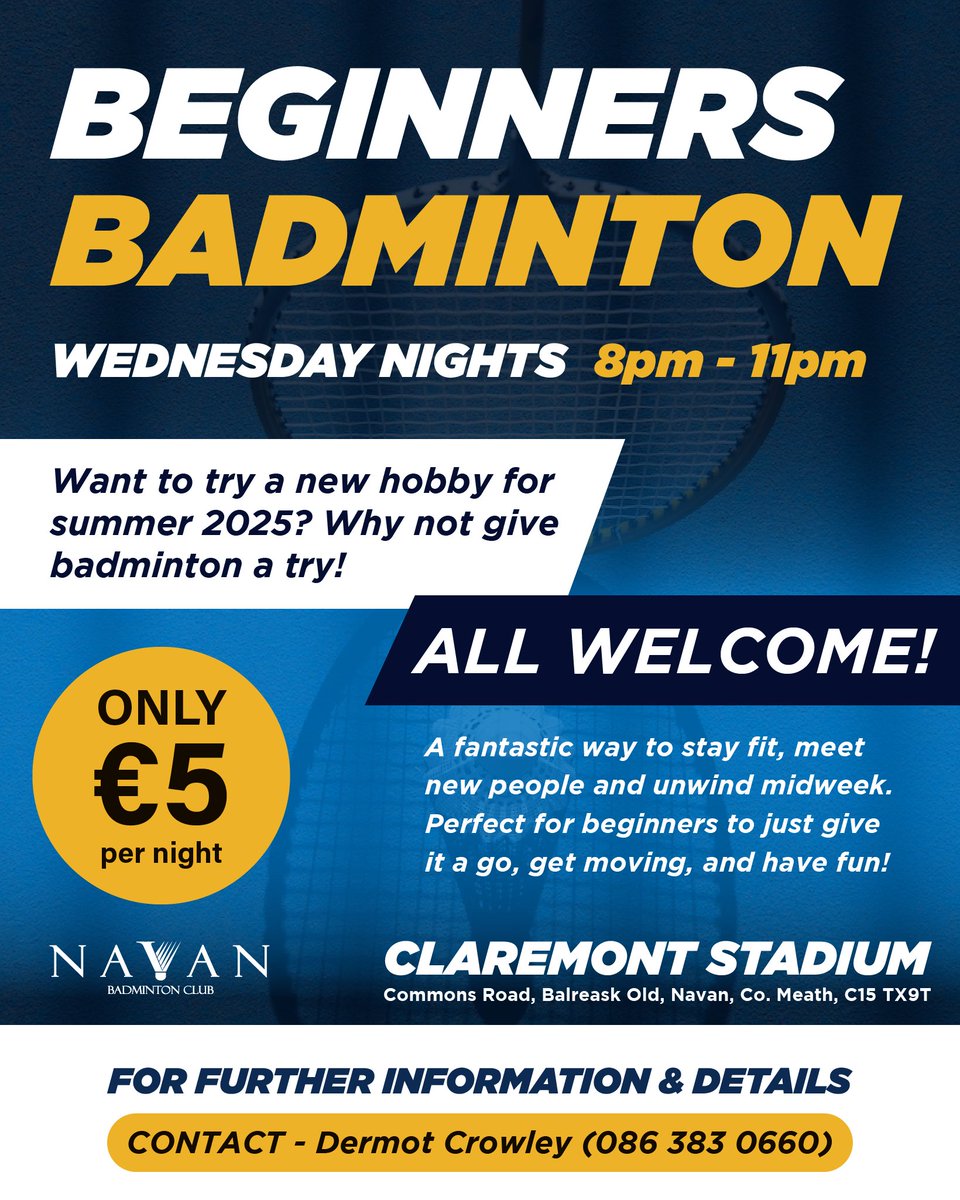 Navan Badminton Club (@navanbc) on Twitter photo Beginners #Badminton is on #tonight (and every #Wednesday this summer!) 8pm–11pm at <a href="/ClaremontNavan/">Claremont Stadium</a> !
No skills? No worries. Just show up, have #fun and maybe fall in #love with the #game — or at least #sleep great tonight 😴
Bring a #friend or come solo! #Navan #Meath #Ireland Beginners #Badminton is on #tonight (and every #Wednesday this summer!) 8pm–11pm at <a href="/ClaremontNavan/">Claremont Stadium</a> !
No skills? No worries. Just show up, have #fun and maybe fall in #love with the #game — or at least #sleep great tonight 😴
Bring a #friend or come solo! #Navan #Meath #Ireland