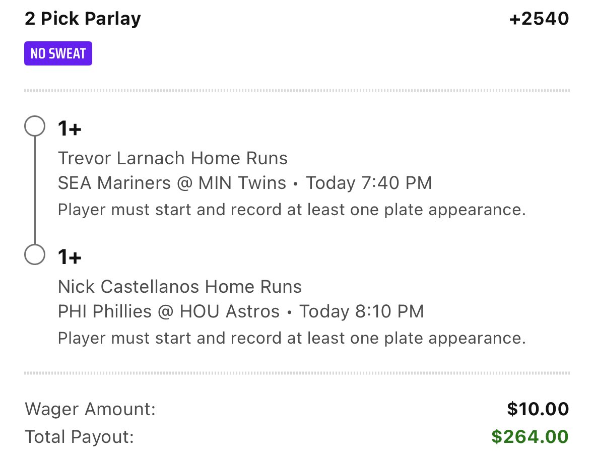 xBETS_Sports's tweet photo. 💣 2 LEG HR PARLAY 💣

Two underrated bats with sneaky pop today:

☄️ Trevor Larnach HR
☄️ Nick Castellanos HR

+2540 odds 🔥
$10 ➝ $264 payout 👀

Tap in for daily HR picks with a FREE 3-day trial, then just $5.99/month:
https://t.co/3LoqTM5Ssb

#XBETS #MLBParlay #HomeRunProps #GamblingTwitter #BaseballBets #DingerSeason