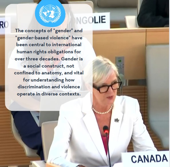 For over 30 years, gender and gender-based violence have been central to intl. HRs. 🇨🇦 is proud to be recognized for disaggregating data by sex &amp; gender, and for advancing intersectional, gender-responsive approaches to policy &amp; prevention. #HumanRights #HRC59