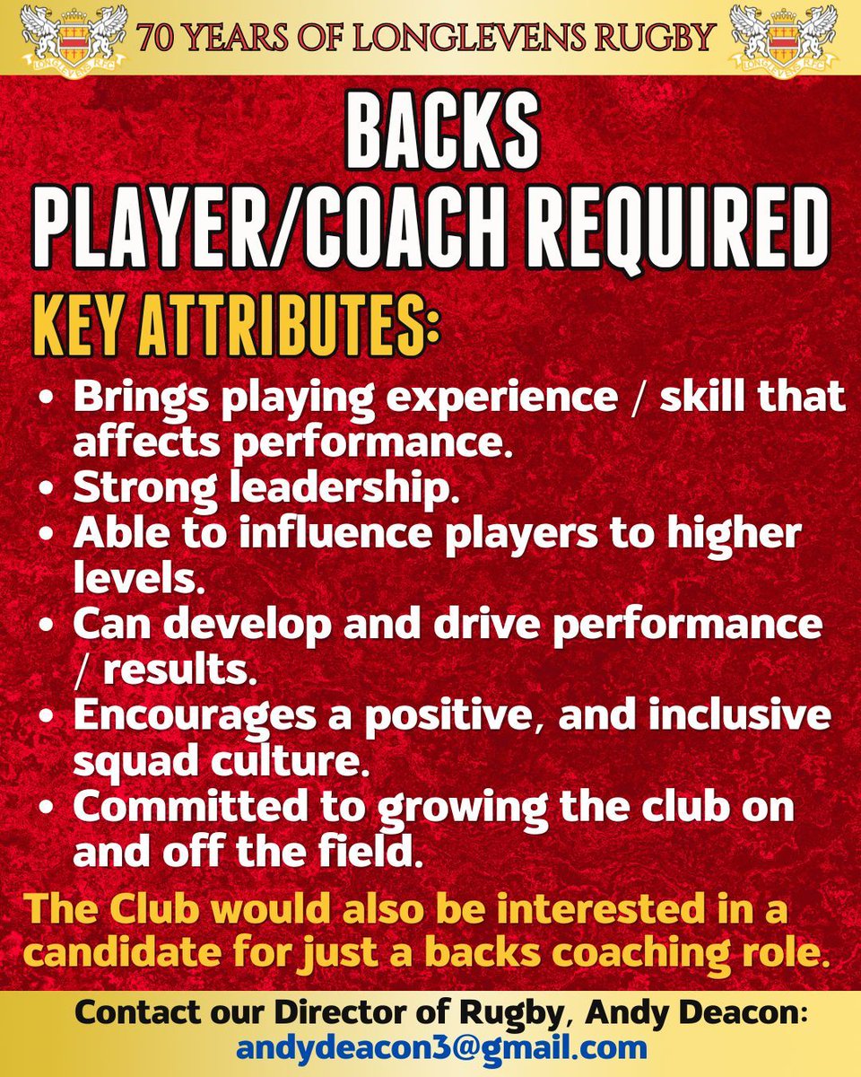 LonglevensRugby's tweet photo. 🏉 We are on the look out for a backs player/coach to join our senior set-up here at Longlevens Rugby. Remuneration for the right candidate. For more information please contact our Director of Rugby, Andy Deacon: andydeacon3@gmail.com https://t.co/2rtjW91THy