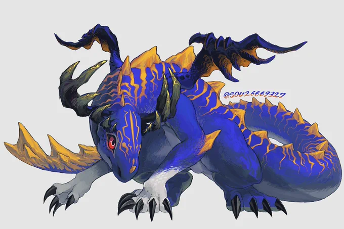 ()様ドラゴン化させて頂きました 〇青色・赤目 〇恐竜感 〇成長途中(成熟期くらいな...) などのイメージで描かせて貰いました