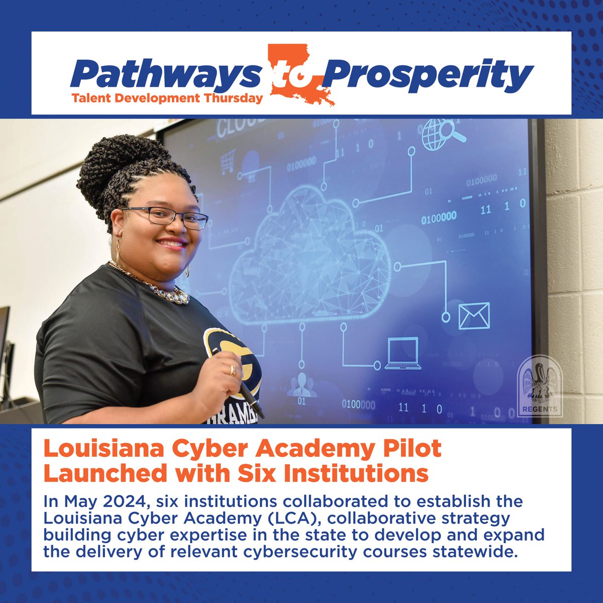 LA_Regents's tweet image. Established in May 2024, the Louisiana Cyber Academy (LCA) includes six institutions, led by @BPCCCavs.
The LCA, co-created by the six institutions, offered its first two courses to 140 students in spring 2025.
FOR MORE: laregents.edu/lacyber/
#LaProspers