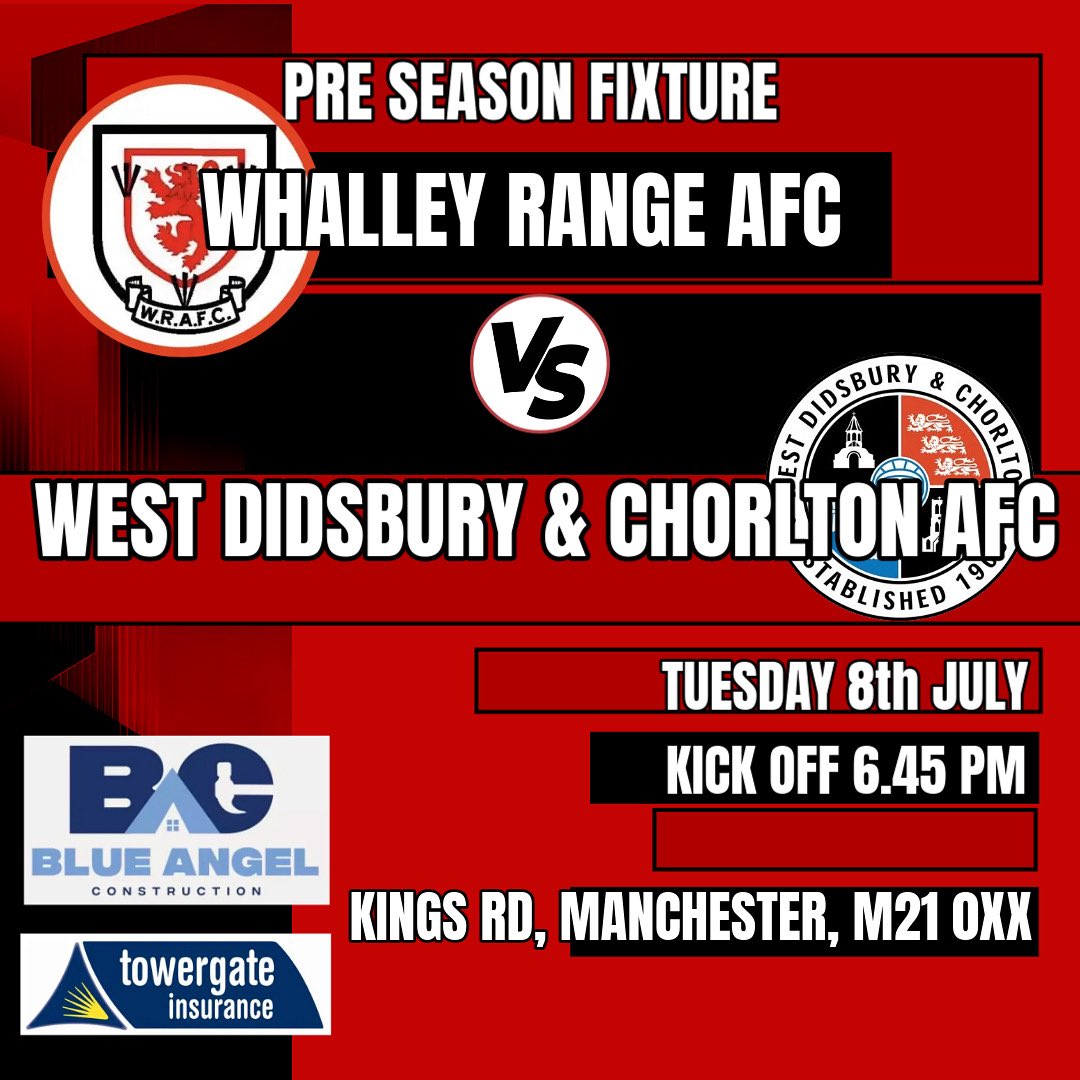 First up for pre-season we welcome a local neighbour of ours!!

🆚 <a href="/WD_CFC/">West Didsbury & Chorlton</a>
📅 Tuesday 8th July
🕣 6.45 pm KO
🏟️ Kings Rd, Manchester, M21 0XX
🎟️ No Fee (Donations accepted- which we will be doing throughout the 25/26 season for the 1st time)
🐕 Dogs welcome ✅ 

UpTheWhalley 🔴⚫️