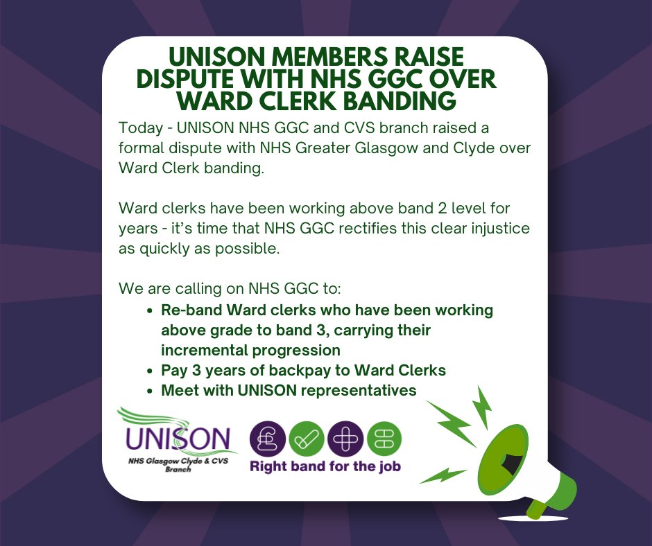 unisonnhsggc's tweet image. Today, UNISON NHS GGC Branch raised a formal dispute with NHS Greater Glasgow and Clyde over Ward Clerk banding.

Ward Clerks have been working above band 2 level for years – it’s time that NHS GGC rectified this injustice and values ward clerks for the important job they do.