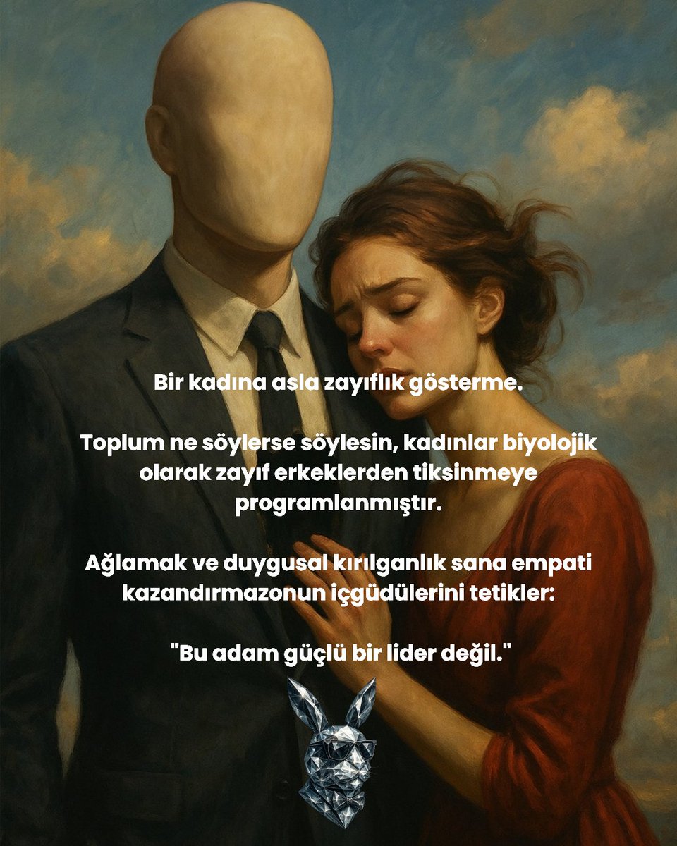 SekAkademi's tweet photo. Bir erkeğin zayıflığını herkese gösterebileceği öğretiliyor.
Ama gerçek şu ki: doğa farklı konuşur.

Toplum sana ağla, duygularını ifade et, kırılganlığını paylaş derken
Kadın içgüdüleri, karşısındaki adamın lider mi yoksa yönlendirilmesi gereken biri mi olduğuna karar verir.

+ https://t.co/dS0t5quc2g