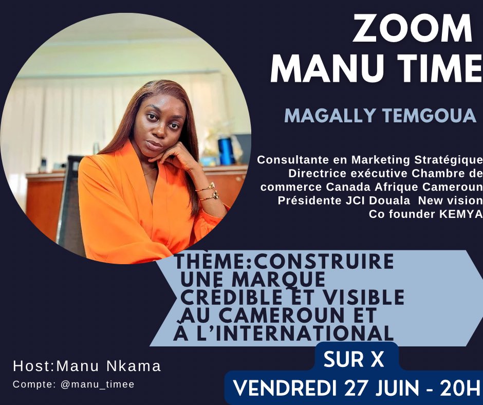 manu_timee's tweet photo. [SPACE] 

Ce vendredi place au parcours remarquable de @Aphrodite_Mag, qui parlera de ses domaines d’activités  et nous édifiera sur le thème : Construire une marque crédible et visible au Cameroun et à l’international 

—-Space ouvert 

Rdv pris de 20h à 22h 🛑

#MANU_TIME https://t.co/v4wIgPbpEw