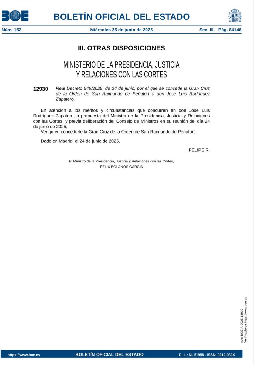 Todo gran jurista debe renunciar a esta gran condecoración hasta que se restablezca la normalidad en nuestro país. Zapatero es símbolo de la corrupción, del engaño, de la traición y de la protección de regímenes asesinos, terroristas y narcotraficantes. Mientras ZP tenga la