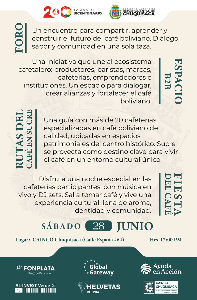 Bicentenario_Ch's tweet photo. ¡Llega la Edición Especial de Diálogos de Café!
Este sábado 28 de junio, vive una experiencia única en Sucre con la Fiesta del Café:
Música en vivo, DJ sets y más de 20 cafeterías abriendo sus puertas como espacios de cultura, identidad y comunidad.#SomosElBicentenario https://t.co/7TB8kwFoko