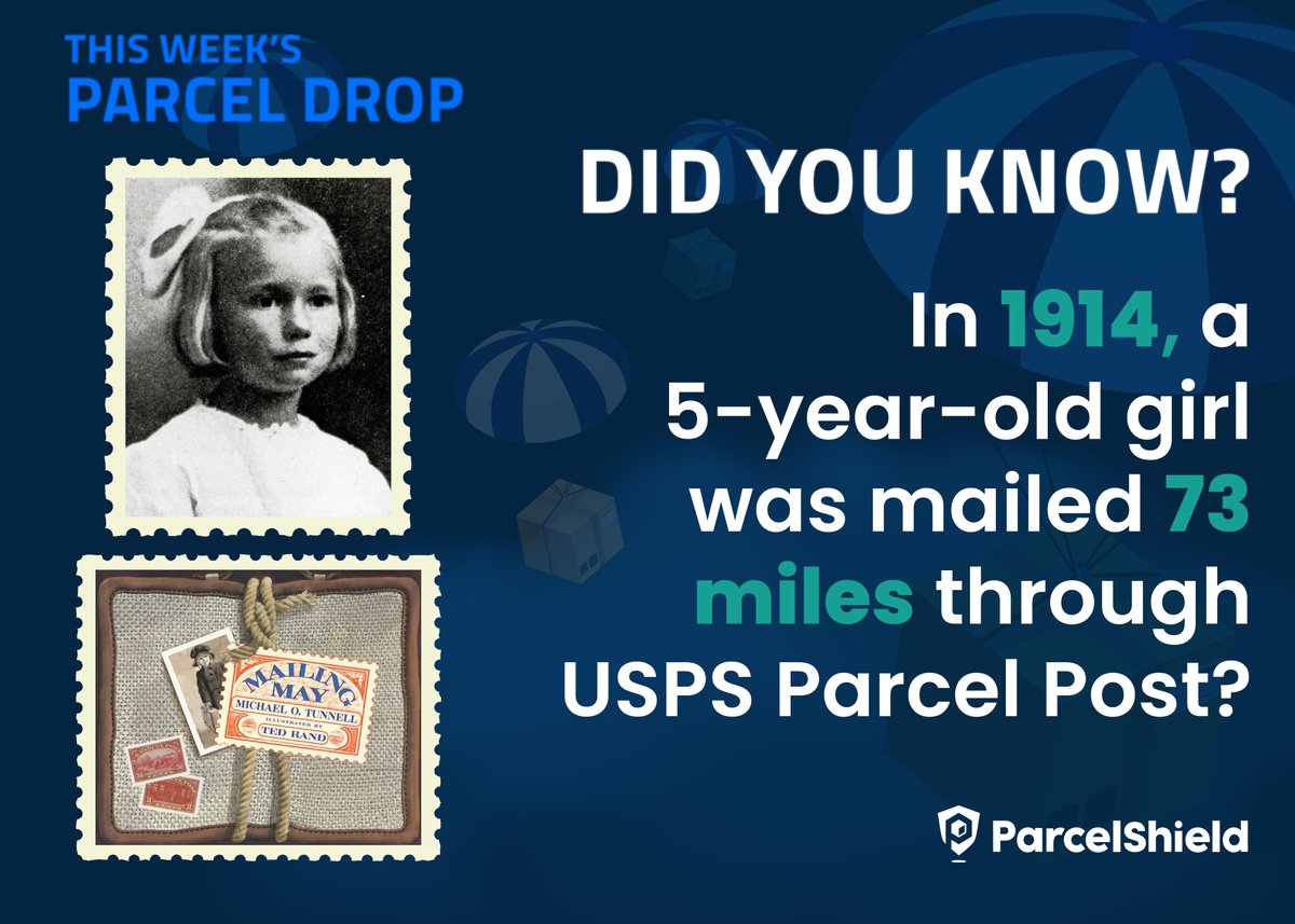 This week’s Parcel Drop:

In 1914, a 5-year-old girl named Charlotte "May" Pierstorff was mailed 73 miles by the USPS.

She was tagged, insured, and delivered safely for 53 cents. Her journey inspired the book Mailing May.

#ParcelDrop #MailingMay #ShippingHistory #USPS