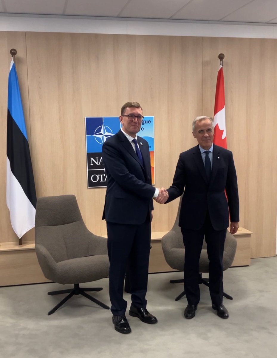 KristenMichalPM's tweet photo. Glad for our meeting strengthening the ties between us, @MarkJCarney.  🇪🇪🤝🇨🇦

Appreciate your commitment to Europe’s security. Our economic ties have great potential starting strong with the permanent magnet factory in Narva.

Let’s keep up pressure on Russia – sanctions and targeting the shadow fleet are working.