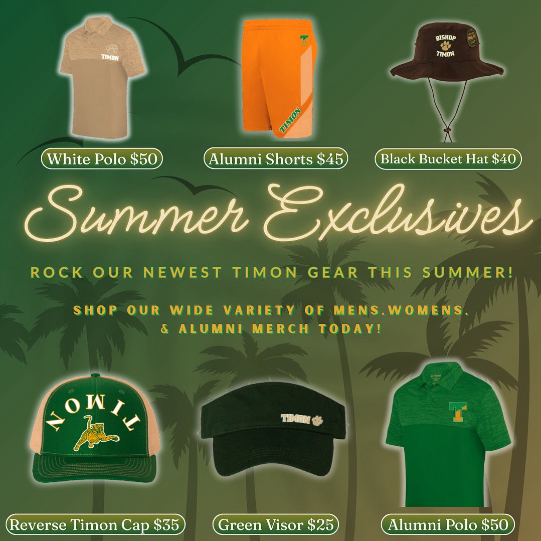 The Timon Summer Clothing Store is live!

Grab new polos, shorts, and hats to stay cool while repping the Green &amp; Gold.

Order by July 7th to get your gear later that month!

bishoptimonstore.myshopify.com