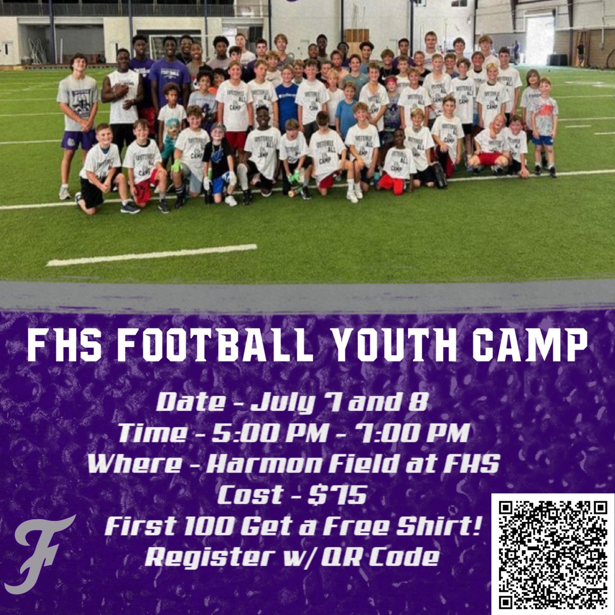 Join us July 7–8 from 5:00–7:00 PM at Harmon Field for an evening of football, fun, and fundamentals! Open to all incoming 3rd–8th graders.

💵 $75 to attend
👕 First 100 to register get a free shirt!
📍 Register using the QR code below! (Updated)

#PurpleReign #FAM1LY
