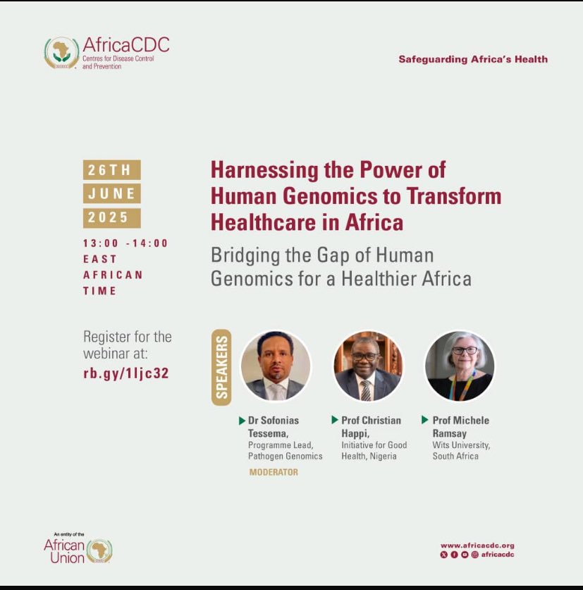 Join experts from across Africa to discuss how human genomics can transform precision #PublicHealth 
Setting the stage for a continental agenda focused on equity, innovation, and African leadership in genomic medicine.
📆 Date: 26th June 2025
🖇️ Register: rb.gy/1ljc32