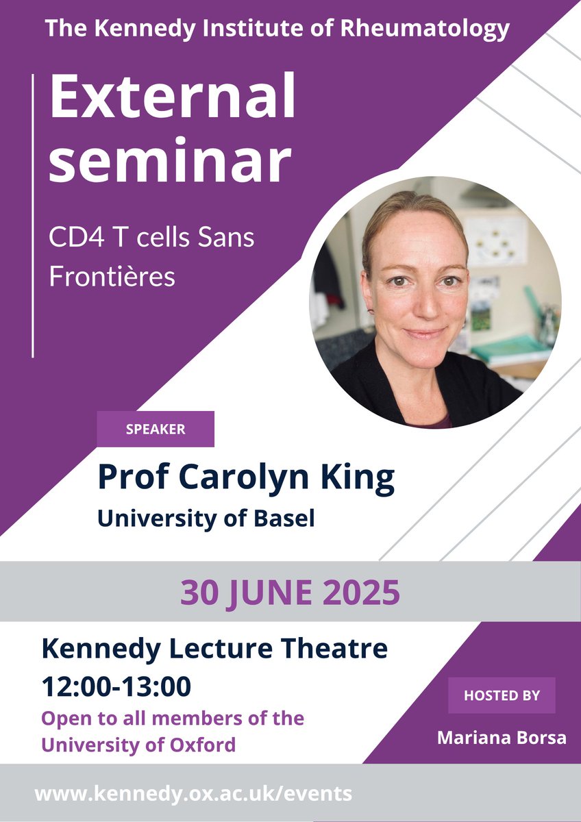 KirOxford's tweet photo. On Monday 30 June, Prof Carolyn King will join us to talk about 'CD4 T cells Sans Frontières'. Our External Seminars are open to any member of the University of Oxford. Don't miss it! https://t.co/UxFXmgcjnf https://t.co/pVMs1Q6FJ3