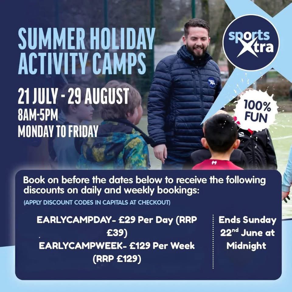 SportsXtraSW's tweet image. ‼️EARLY BIRD OFFER EXTENDED‼️
Now ends Sunday, 29th June due to popular demand!
Use code EARLYCAMPDAY for £10 OFF a day, or EARLYCAMPWEEK for £10 OFF a full week of camp. 💸
📣 Our Summer Holiday Camps are back – and they fill up FAST!
#SportsXtra #SummerCamps #EarlyBirdOffer