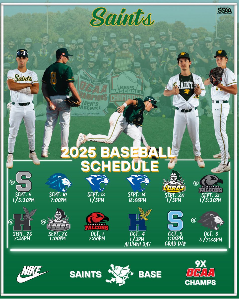 Saints Athletics (@stclairsaints1) on Twitter photo <a href="/stclairsaints1/">Saints Athletics</a> Men’s Baseball release their 2025 Regular Season Schedule and will be the <a href="/TheOCAA/">Ontario Colleges Athletic Association</a> Provincial Championship Host Oct. 16-18 at Lacasse Park <a href="/stclairsaints1/">Saints Athletics</a> Men’s Baseball release their 2025 Regular Season Schedule and will be the <a href="/TheOCAA/">Ontario Colleges Athletic Association</a> Provincial Championship Host Oct. 16-18 at Lacasse Park