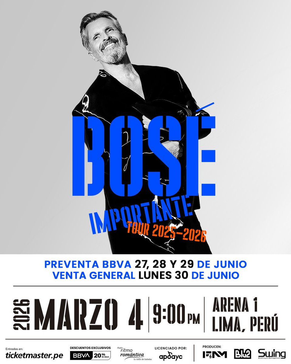 🎤 ¡Miguel Bosé regresa a Lima! ✨

Vive una noche inolvidable con el ícono de la música en su gira “Importante Tour 2025–2026”.

🗓️4 de marzo de 2026
📍Arena 1 – Costa Verde

💳 Preventa BBVA: 27, 28 y 29 de junio
🎫 Venta general: 30 de junio
👉 Entradas en <a href="/TicketmasterPE/">Ticketmaster Perú</a>