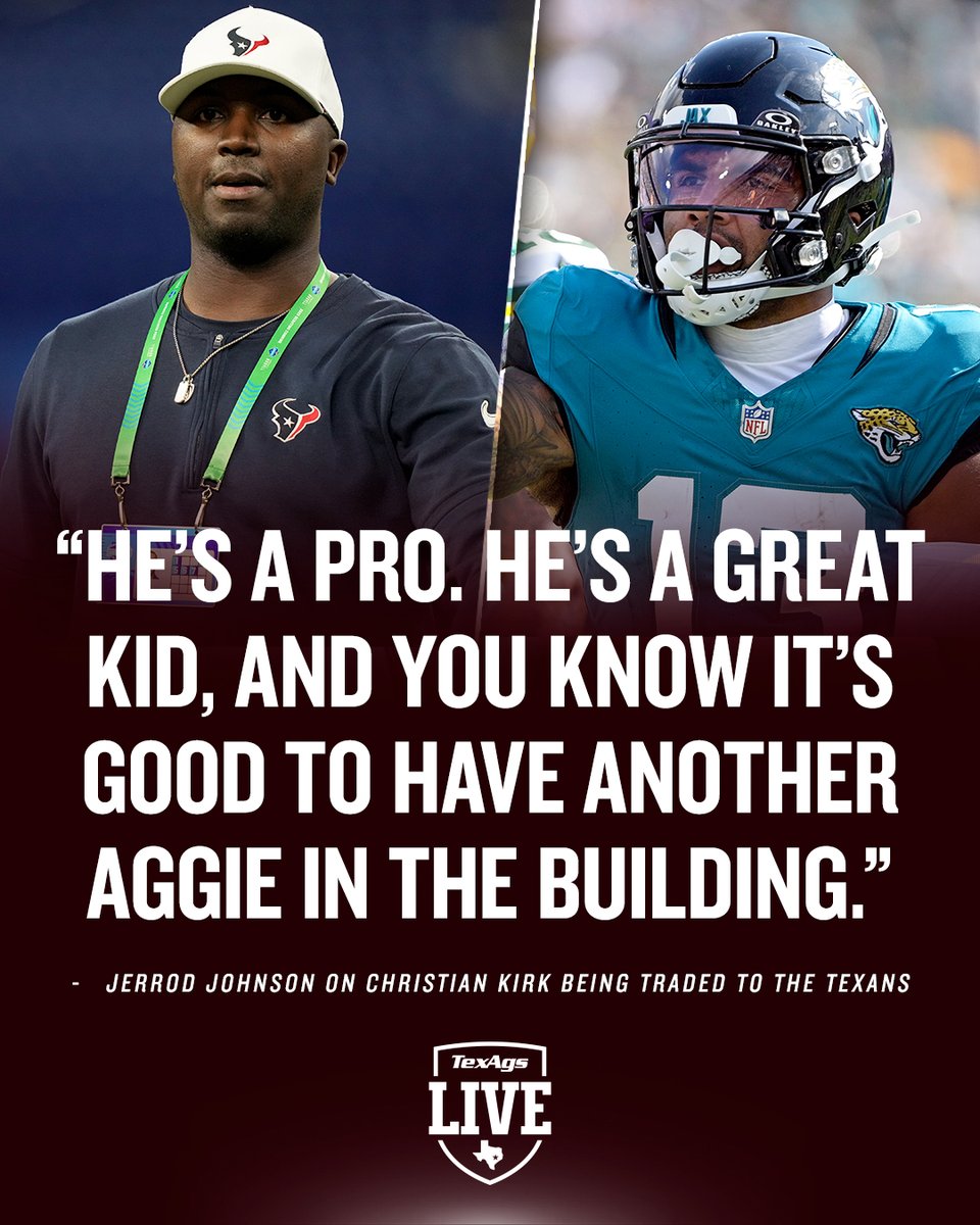 Aggies in H-Town 🔥

Texans' QB coach <a href="/JerrodJohnson1/">Jerrod Johnson</a> talks Houston's addition in <a href="/ckirk/">Christian Kirk</a> 🏈😎