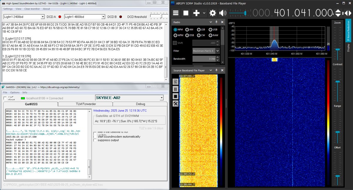 Merkouris SV2HWM (@sv2hwm) on Twitter photo 2025-06-25 11:27 UTC - Tentative reception and decoding of raw telemetry from the newly deployed ๐ฉ๐ช ๐ฐ๏ธ SkyBee-2 (aka SkyBee-A02), on 401.050 MHz, in GFSK 2400 bd, using UZ7HOโs Light-1 SoundModem. Replay of recorded IQ with <a href="/airspy_com/">Airspy R2/Mini</a> R2 and Yagi antenna in ๐ฌ๐ท. 2025-06-25 11:27 UTC - Tentative reception and decoding of raw telemetry from the newly deployed ๐ฉ๐ช ๐ฐ๏ธ SkyBee-2 (aka SkyBee-A02), on 401.050 MHz, in GFSK 2400 bd, using UZ7HOโs Light-1 SoundModem. Replay of recorded IQ with <a href="/airspy_com/">Airspy R2/Mini</a> R2 and Yagi antenna in ๐ฌ๐ท.