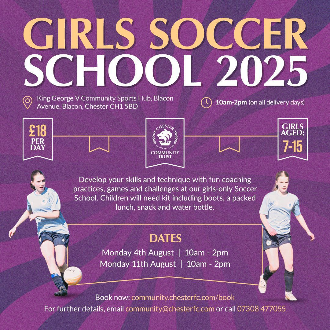 Chester FC Women (@cfcwomens) on Twitter photo โฝ๏ธ Chester FC Girls Soccer School is back! ๐
๐ King George V Sports Hub, Blacon Ave
๐
Mon 4th & 11th Aug
๐ 10amโ2pm
๐ง Girls aged 7โ15
๐ท ยฃ18 per day
โญ๏ธ Meet Chester FC Womenโs players!
๐ฒ Email- kalvin.williams@chesterfc.com โฝ๏ธ Chester FC Girls Soccer School is back! ๐
๐ King George V Sports Hub, Blacon Ave
๐
Mon 4th & 11th Aug
๐ 10amโ2pm
๐ง Girls aged 7โ15
๐ท ยฃ18 per day
โญ๏ธ Meet Chester FC Womenโs players!
๐ฒ Email- kalvin.williams@chesterfc.com