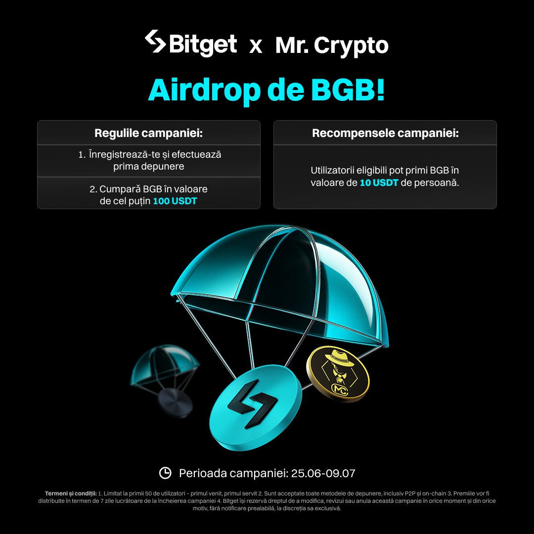 🤑 O nouă zi, o nouă șansă de AirDrop de la #Bitget  

🎁 Bitget și Mr.Crypto = AIRDROP de #BGB !

➡️ Ușor de participat ➕ premii rapide

👉 Ce trebuie să faci?

1️⃣ Înregistrează-te pe Bitget aici: bonus.bitget.com/romrcrypto
2️⃣ Fă PRIMA ta depunere (P2P, on-chain sau fiat, practic