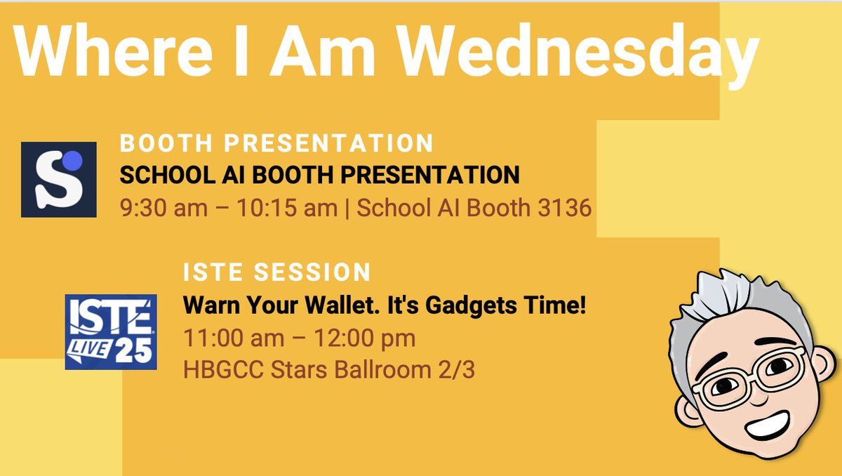 My Wednesday, July 2nd, at #ISTELive25 includes a tradition! My Gadgets session is right before the closing keynote. It's always a fun time, and lots of folks attend it year after year as part of their tradition. I start my day <a href="/GetSchoolAI/">SchoolAI</a> presenting in their booth.