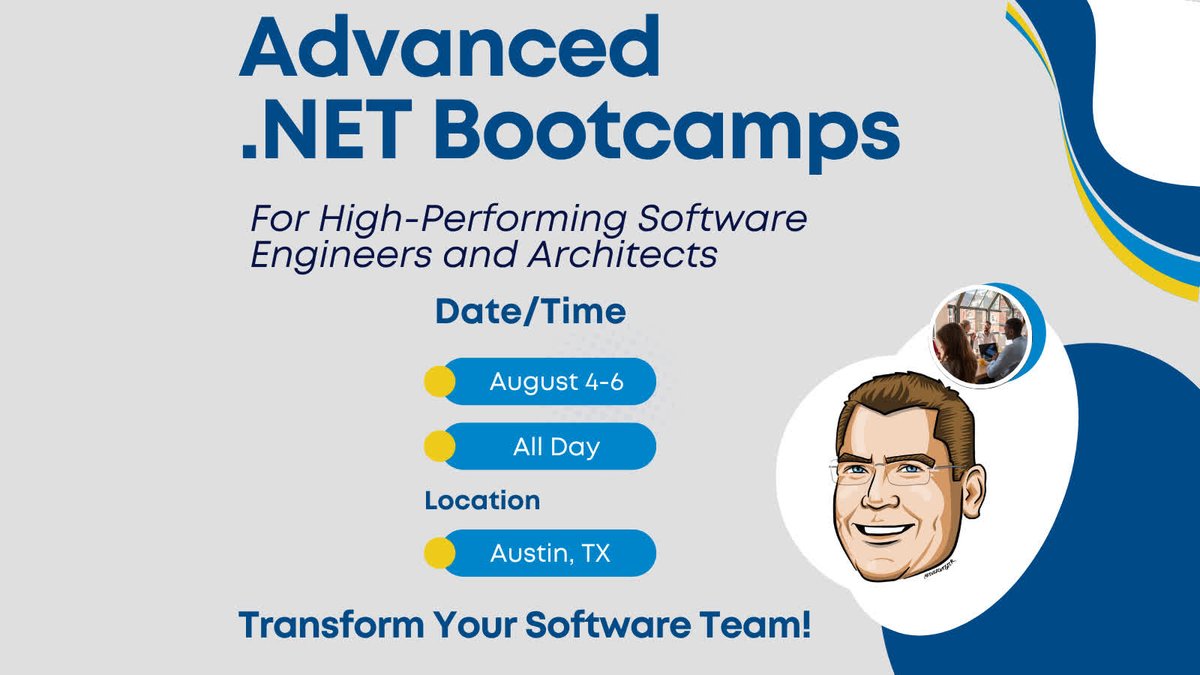 Back-to-back in Austin this August: Advanced .NET Architect Bootcamp (8/6) + Engineer Bootcamp (8/4-5). Register now.  

bit.ly/3ZNLArH  

#dotNET #Bootcamps