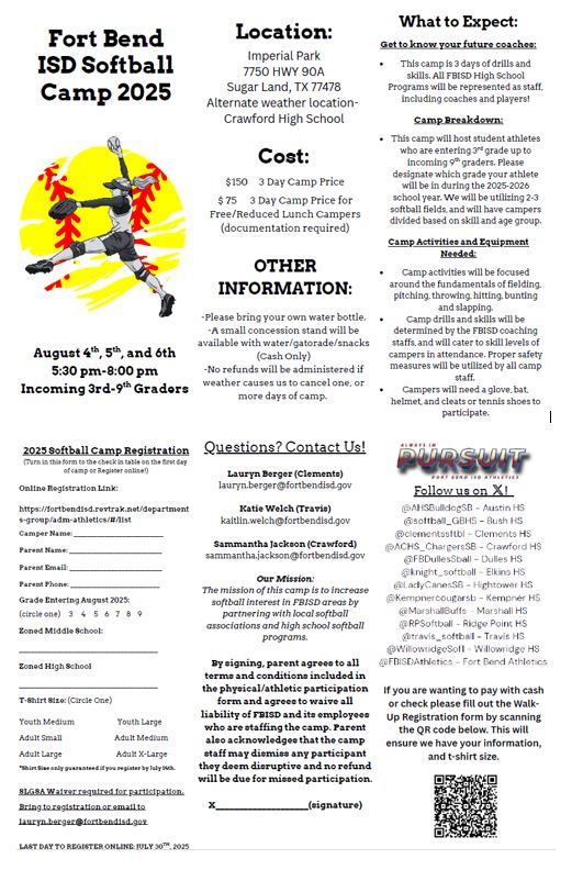clementssftbl's tweet image. Register now for the FBISD Softball Camp!
Link to Register: fortbendisd.revtrak.net/departments-gr…
@FBISDAthletics @AHSBulldogSB @softball_GBHS @ACHS_ChargerSB @FBDullesSball @knight_softball @LadyCaneSB @kempnercougarsb @MarshallBuffs @RPSoftball @travis_softball @Willowridge_HS