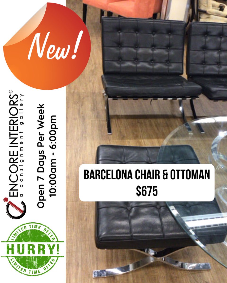 ConsignmentFLA's tweet image. Just in! Iconic design meets unbeatable value, this Barcelona chair and ottoman set is the statement piece your space deserves.
#EncoreInteriors #ConsignmentFinds #ModernStyle #BarcelonaChair #FurnitureDeals #InteriorInspo #ShopLocal #DesignOnABudget #NewArrival #LimitedTimeOffer