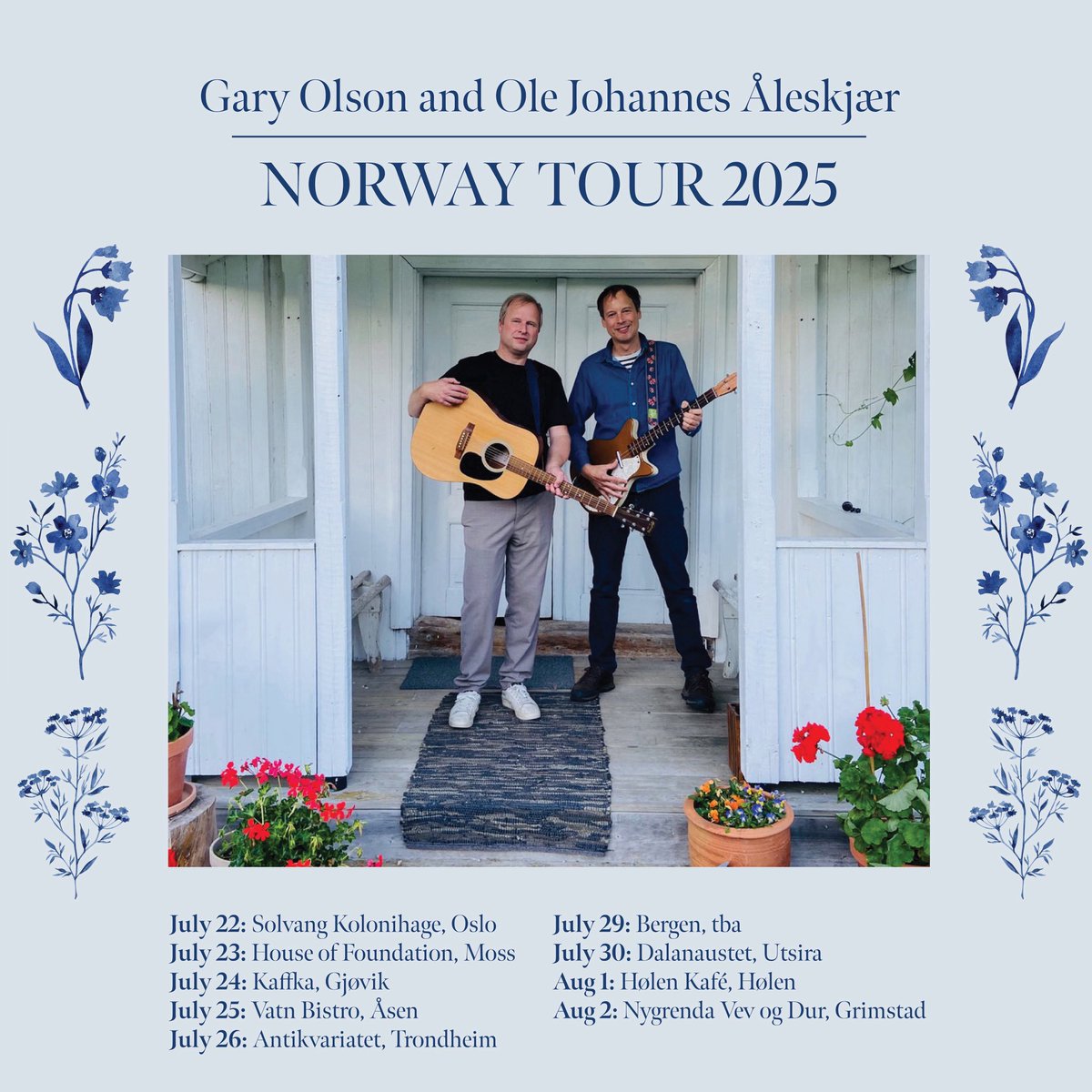 GaryOlsonMusic's tweet photo. Ole Johannes and I are back on the road for 9 shows in Norway this summer. 2 guys, 2  guitars and 1 trumpet in what may be the final journey for Ole’s 2005 Subaru Forester (186,000 miles!)  Oslo, Moss, Gjøvik, Åsen, Trondheim, Bergen, Hølen &amp; Grimstad. See you out there!
🇳🇴 🎺 https://t.co/FSZXi7GNO9