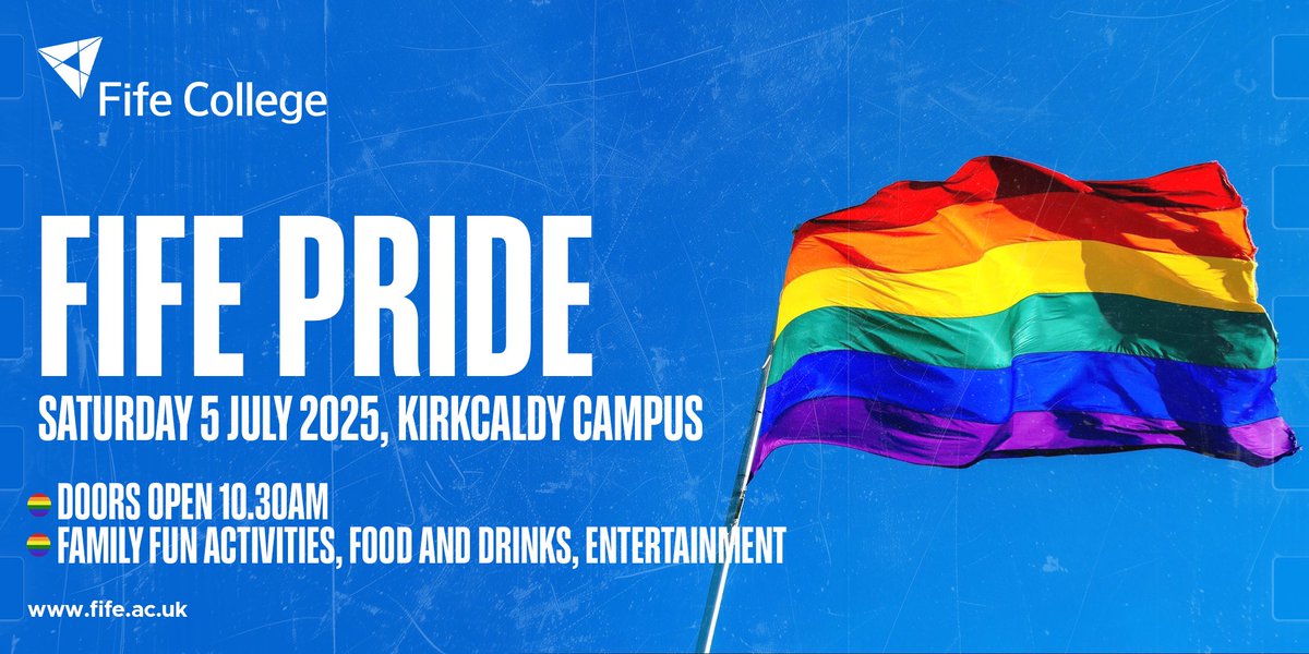 🏳️‍🌈 Come along to Fife College Kirkcaldy campus on Saturday 5th July at 10.30am! 

Come along for the following:  
🎭 Entertainment 
🎨 Face paints 
🍔 Food and drink 
📝 Fun activities 
...and much more!

Pride march starts at 1pm from Kirkcaldy campus. 

See you there! 📝