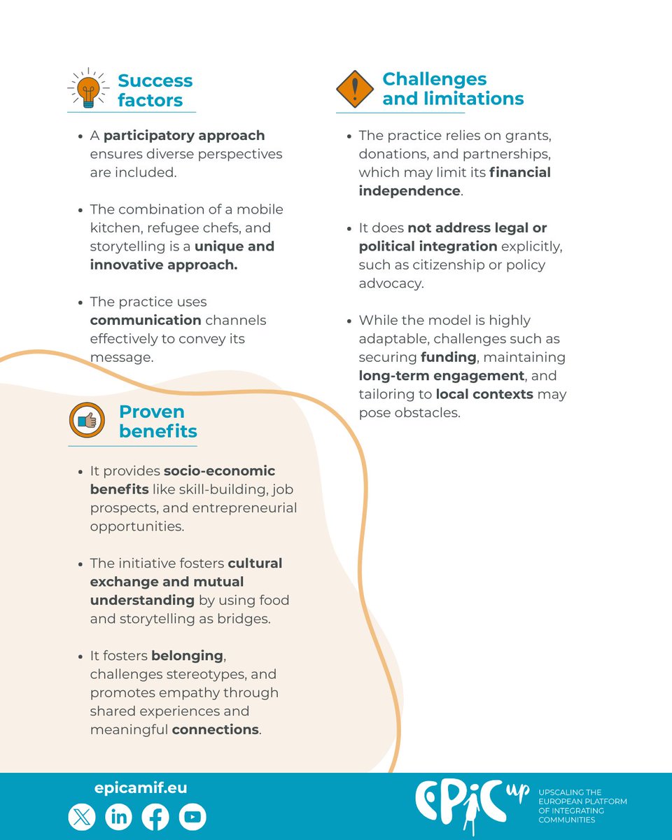🍲 The Refugees’ Kitchen in Oberhausen shows how food can build bridges. It fosters belonging, skills, and connection between migrants &amp; locals. A great example of how local actions can drive integration✅

👉Read more: epicamif.eu/repository/epi…
#MigrantIntegration
