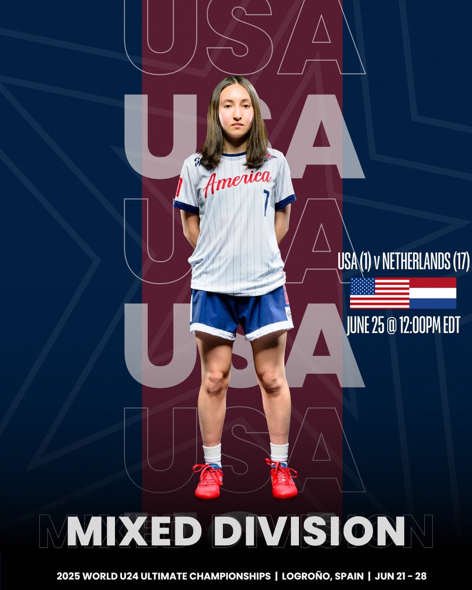 USAUltimate's tweet photo. Let’s rock and roll! 🇺🇸

Team USA in the mixed division will play in 15 minutes, battling with Netherlands on @Ultiworld here: https://t.co/rskvmleIqx

#PullForward | #USAUltimate | @wfdf_wu24 https://t.co/092aTJxpCE