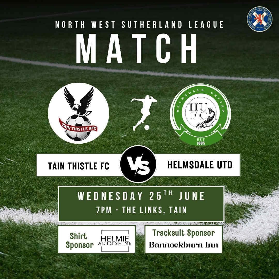 Midweek fixture 👊🏻

Tonight we’re away to Tain for another tough league match. 

Come and support the lads as we look to bounce back after Saturday!

HUFC 💚
