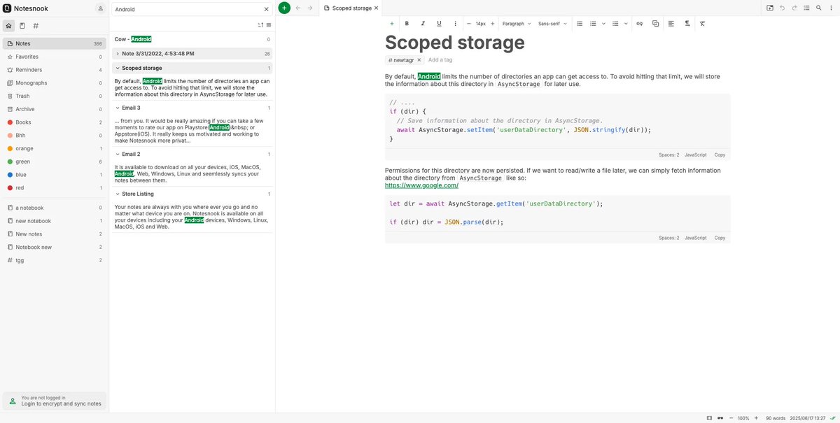 notesnook's tweet image. Notesnook v3.2.0 came out last week with a bunch of new exciting updates. 

The search experience got a overhaul. Improvements include:

1. Token by token search highlighting.
2. Improved relevance based sorting.
3. Sort search results by title, date edited etc.
4. Jump directly…