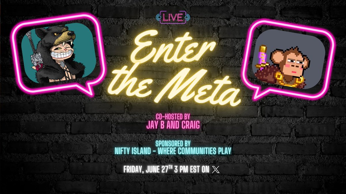 Jay B π»π (@classicscrypto) on Twitter photo Can't believe we hit episode 10 of Into the Meta!
Got the legendary <a href="/charl3svii/">Charl3s</a> co-founder of <a href="/Nifty_Island/">Nifty Island π</a> joining us for something special
Drop in, vibe & maybe win that Legendary Pistol NFT we're giving away
Set those reminders and see you there w/ <a href="/craigdoesweb3/">Craig</a> π Can't believe we hit episode 10 of Into the Meta!
Got the legendary <a href="/charl3svii/">Charl3s</a> co-founder of <a href="/Nifty_Island/">Nifty Island π</a> joining us for something special
Drop in, vibe & maybe win that Legendary Pistol NFT we're giving away
Set those reminders and see you there w/ <a href="/craigdoesweb3/">Craig</a> π