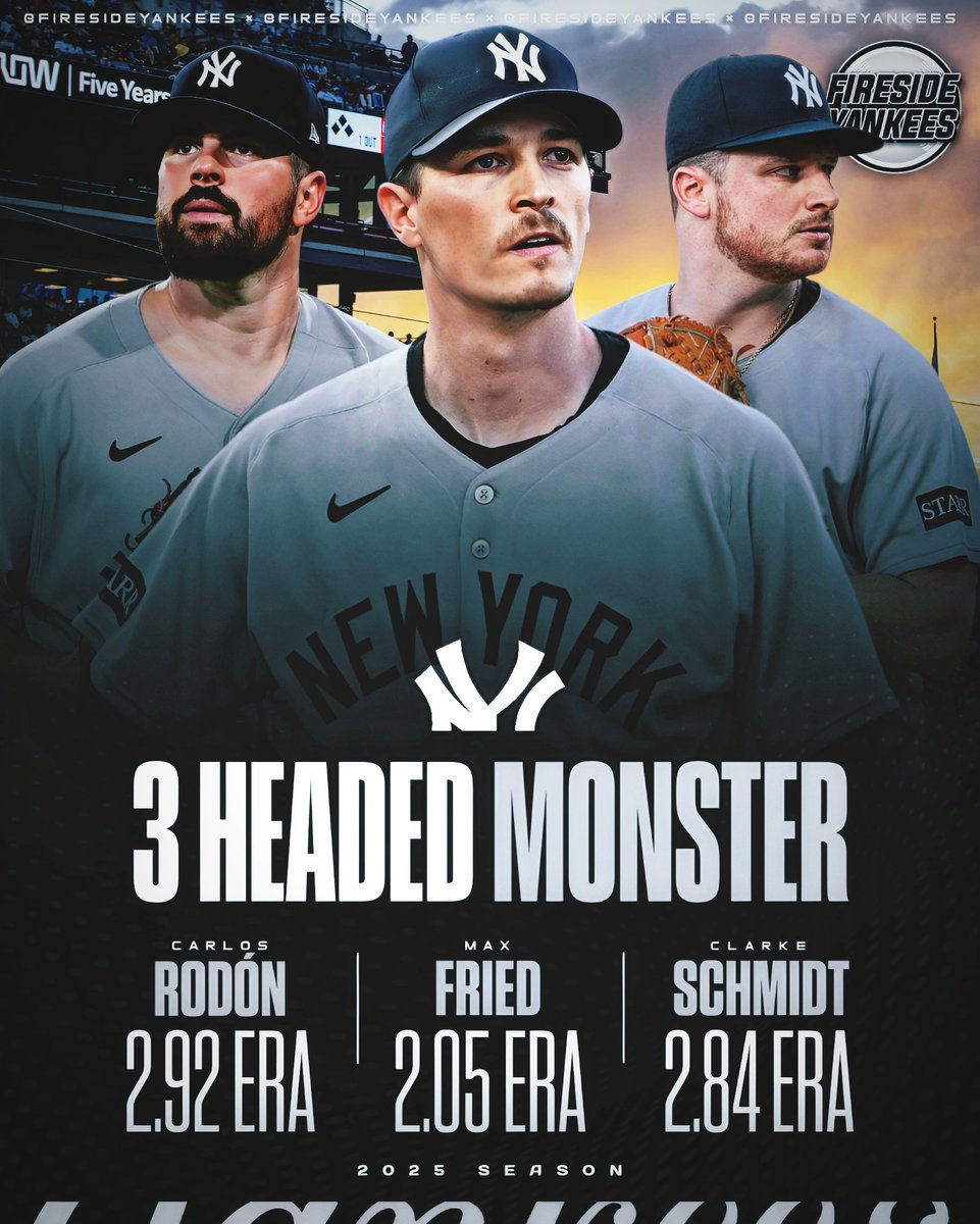 FiresideYankees's tweet photo. THREE HEADED MONSTER🔥

The Yankees rotation has been INCREDIBLE in 2025, with Carlos Rodon, Max Fried, and Clarke Schmidt all posting ERAs under 3⚡️

#Yankees