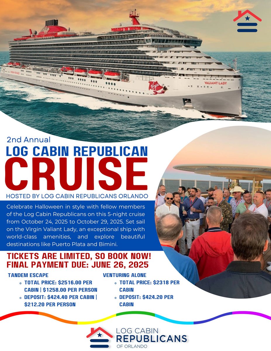 🚨 LAST CHANCE ALERT! 🚨 Tomorrow is the FINAL DAY to book your cabin for the second annual Log Cabin Republican Cruise hosted by LCR Orlando! 🌊✨ 

We're thrilled to welcome members from DC, NY, NC, MN, and West Palm, and we want you to be part of this unforgettable experience!
