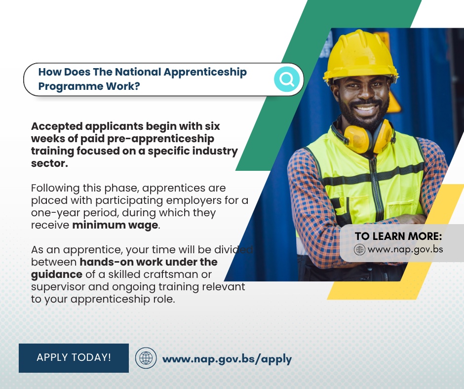 opmthebahamas's tweet image. The National Apprenticeship Programme (NAP) is calling Bahamians (ages 18-25) to join the Construction & Mechanical trades! Hands-on training that leads to REAL jobs.
Apply today, start Monday!: mygateway.gov.bs
Learn more: nap.gov.bs