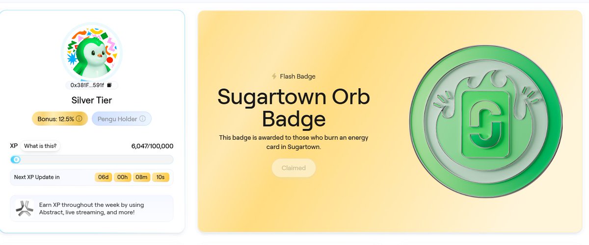 0xEchoOnchain's tweet image. 🔥 Just minted &amp;amp; burned an energy card in Sugartown :

 New “Orb Badge” unlocked on @AbstractChain @Abstract_Eco @visitsugartown  💥
✅ Mint
✅ Burn
🏅 Claimed

PS: I’ve officially collected every badge so far.
Let’s see who’s keeping up. 😏
#Sugartown #Abstract #OnchainXP
