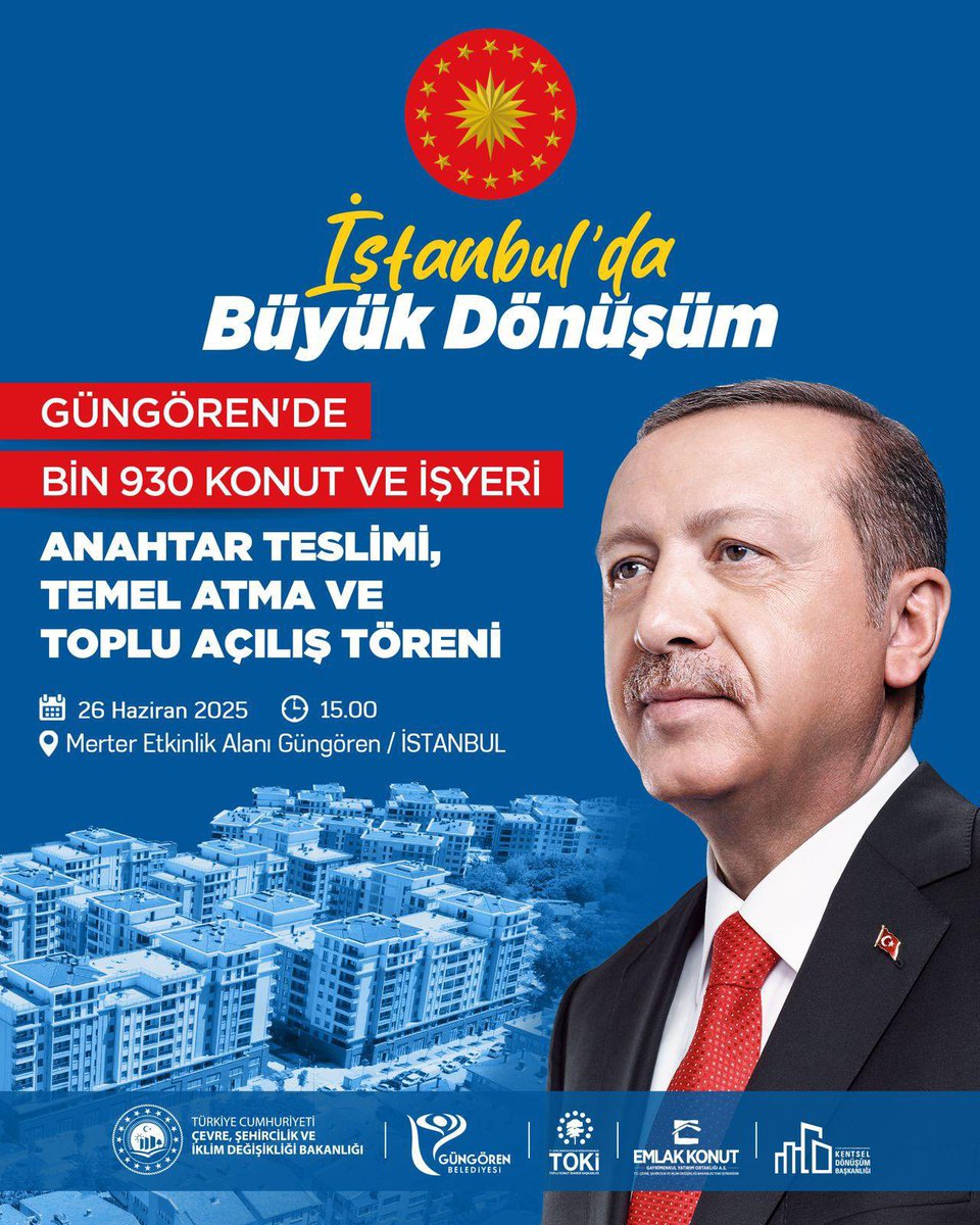Cumhurbaşkanımız Sayın <a href="/RTErdogan/">Recep Tayyip Erdoğan</a>’ın teşrifleriyle Güngören ilçemizde gerçekleştireceğimiz; Bin 930 Konut ve İşyeri Anahtar Teslimi, Temel Atma ve Toplu Açılış Törenine Tüm Ataşehir’li komşularımız davetlidir. 

🗓️ 26 Haziran Perşembe
⏰ 15.00
📍 Merter Etkinlik Alanı / Güngören