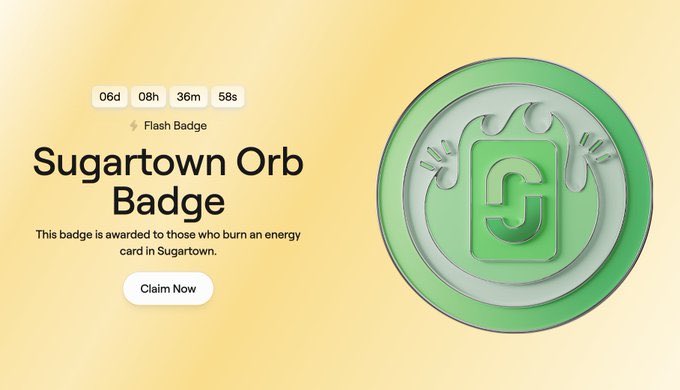 NEW <a href="/AbstractChain/">Abstract</a> BADGE IS LIVE ✳️

To claim the <a href="/visitsugartown/">Sugartown</a> flash badge, all you need to do is burn a Low Card.

To burn the cards: 
1. Click Sign In to Sugar.town 
2. Read through or exit the Guide 
3. Click Burn Cards

GO BUY AN ORA AND CORES AS WELL!