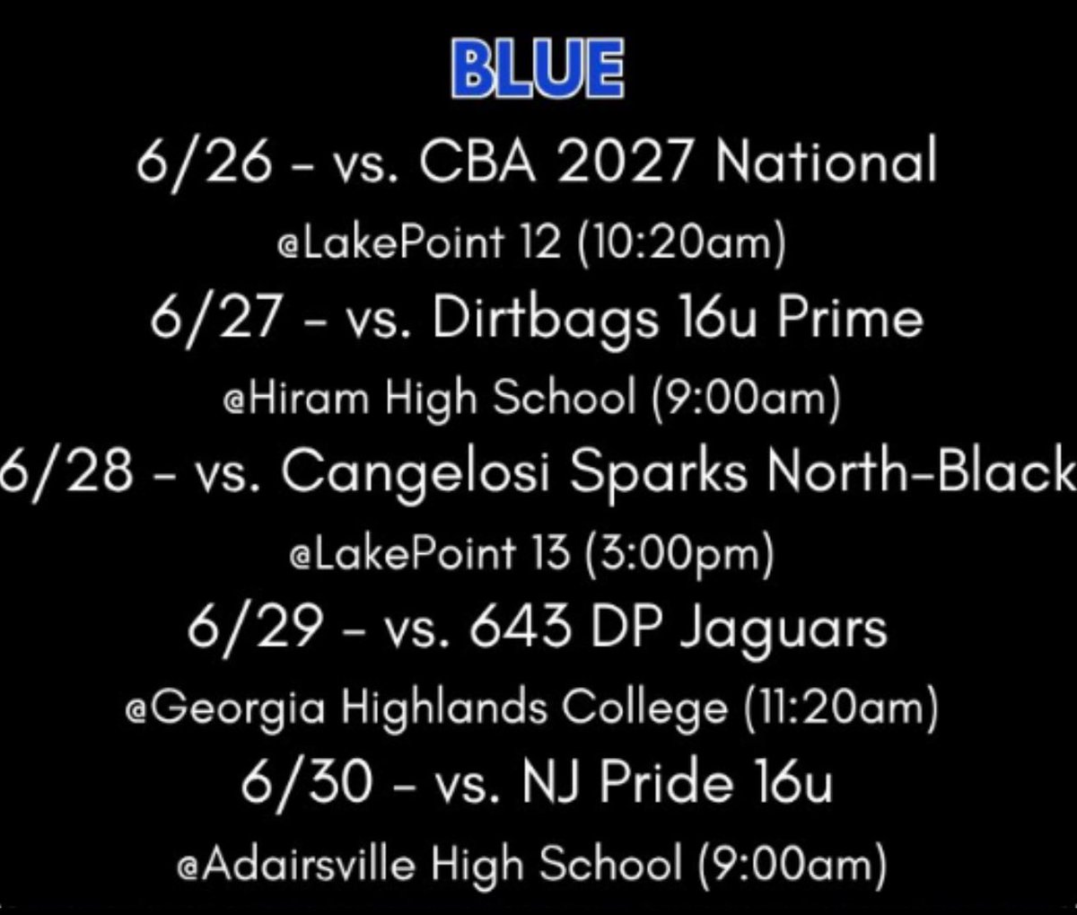 Schedule for this weekend in Atlanta! Looking forward to competing and having fun with <a href="/BlizzardBasebal/">Blizzard Baseball</a>.