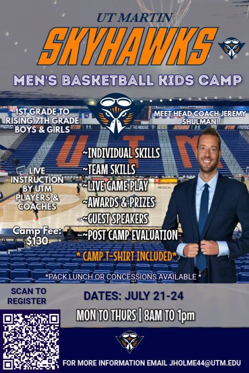 🏀🔥UTM Men’s Basketball Kids Skills Camp🔥🏀

Play Hard &amp; Have Fun With The Skyhawks Men’s Basketball Team and Staff!

Dates: Mon-Thurs/ July 21-24
Times: 8am-1pm 
Ages: Grades Rising 1- 7
***Camp T-Shirt Included*** 

Ice Cream🍦 and Pizza 🍕 Last Day of Camp!